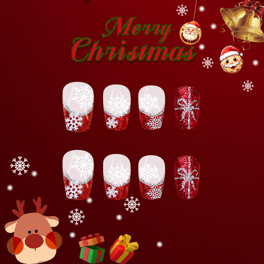 Festive Winter Wonderland Medium Coffin Red Glitter Press-On Nail Set with Snowflake and Gift Design