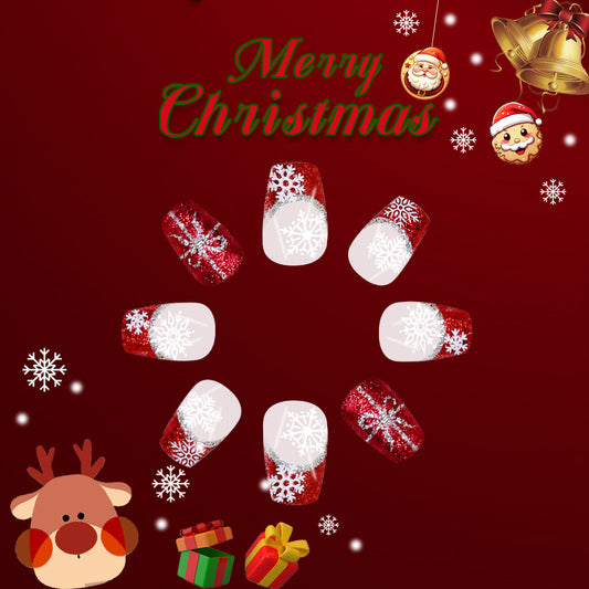 Festive Winter Wonderland Long Coffin Red Glitter with Snowflake Designs Press-On Nail Set
