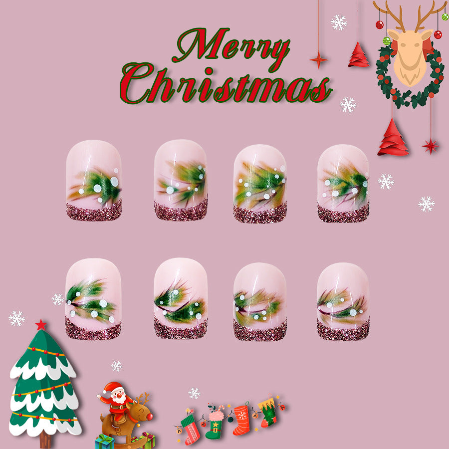 Festive Elegance Short Square Pink with Green Leaf Design and Sparkling Glitter Press On Nail Set