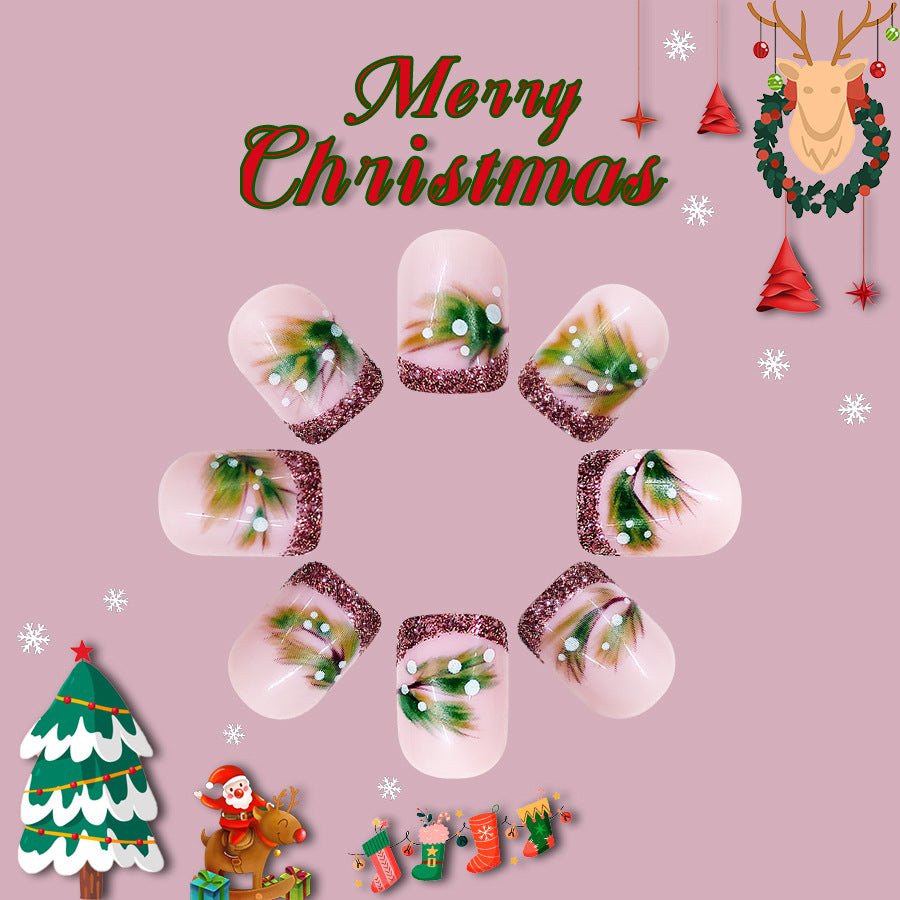 Festive Charm Press On Nail Set Short Square Pink with Glittery Green Holiday Design
