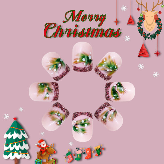 Festive Charm Press On Nail Set Short Square Pink with Glittery Green Holiday Design