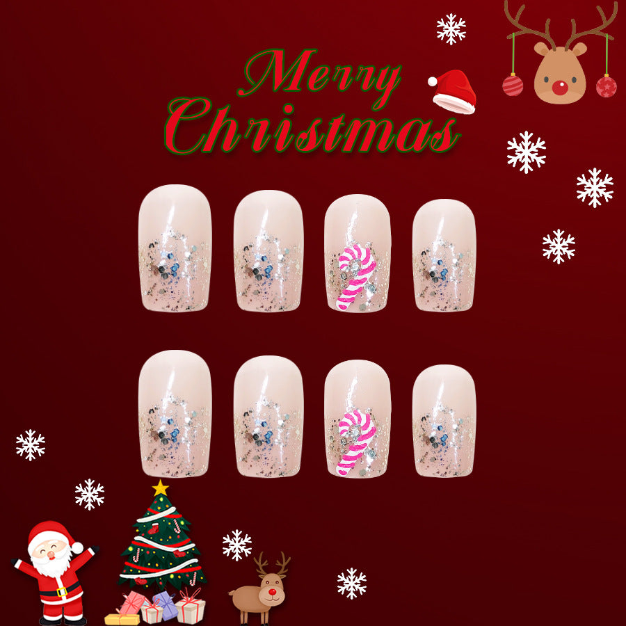 Festive Candy Cane Inspired Short Square Beige Press On Nail Set with Glittery Snowflake Accents