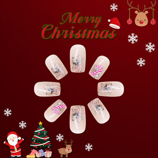 Glistening Christmas Charm Short Square Champagne Glitter Press On Nail Set