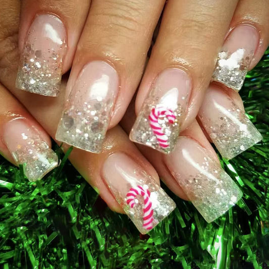 Festive Glamorous Medium Square Clear Glitter Press On Nail Set with Candy Cane Accent