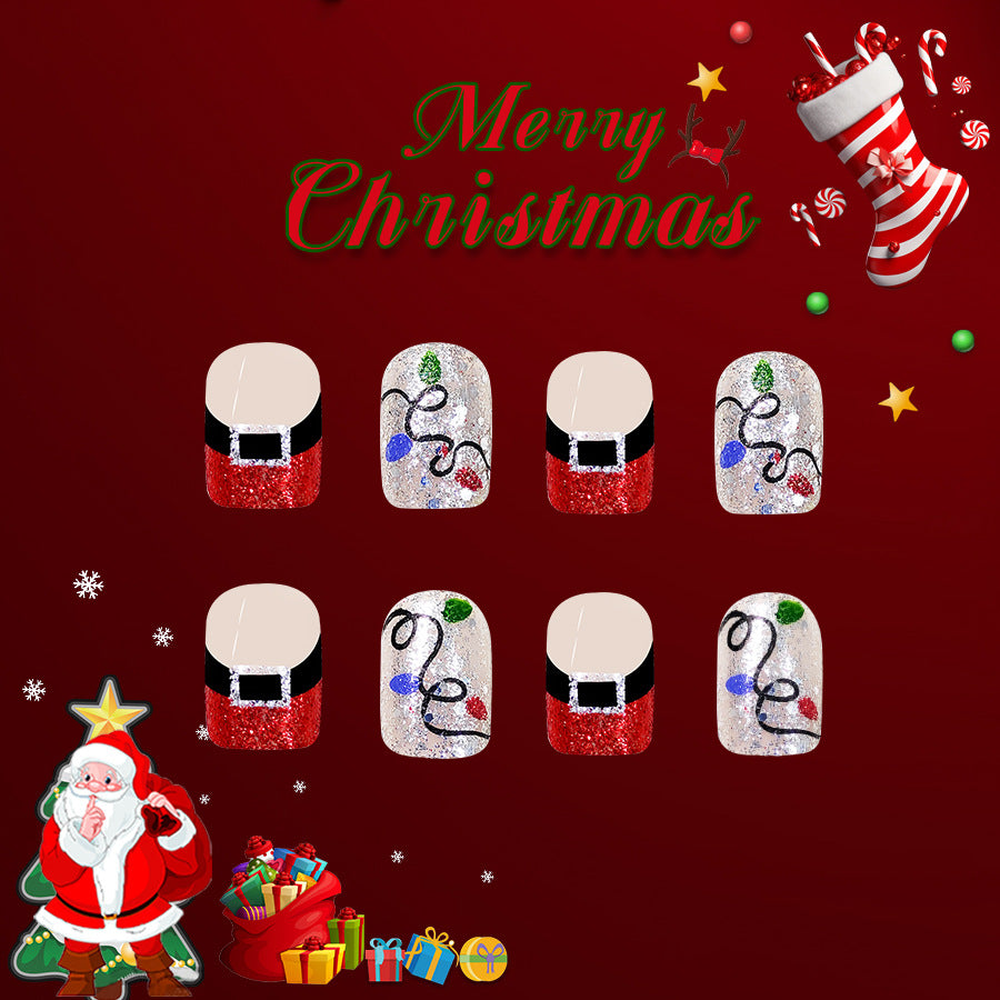 Festive Cheer Short Square Red and Silver Glittery Santa Theme Press On Nail Set