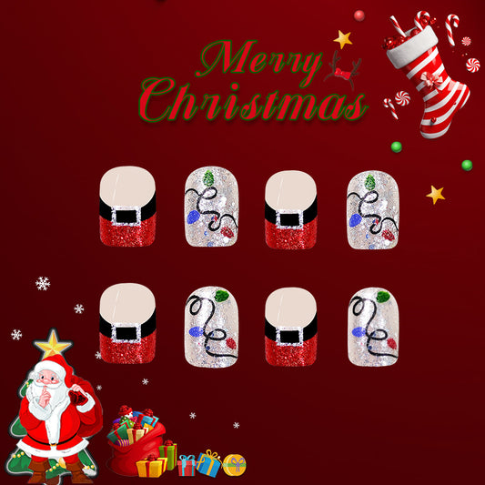 Festive Cheer Short Square Red and Silver Glittery Santa Theme Press On Nail Set