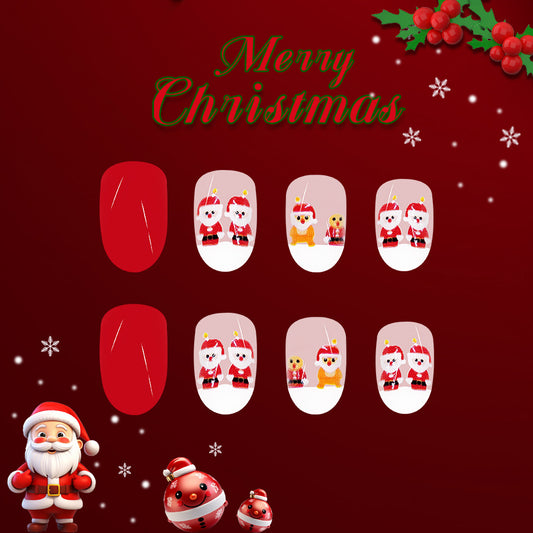 Festive Holiday Cheer Medium Oval Red and White Santa Graphic Press On Nail Set