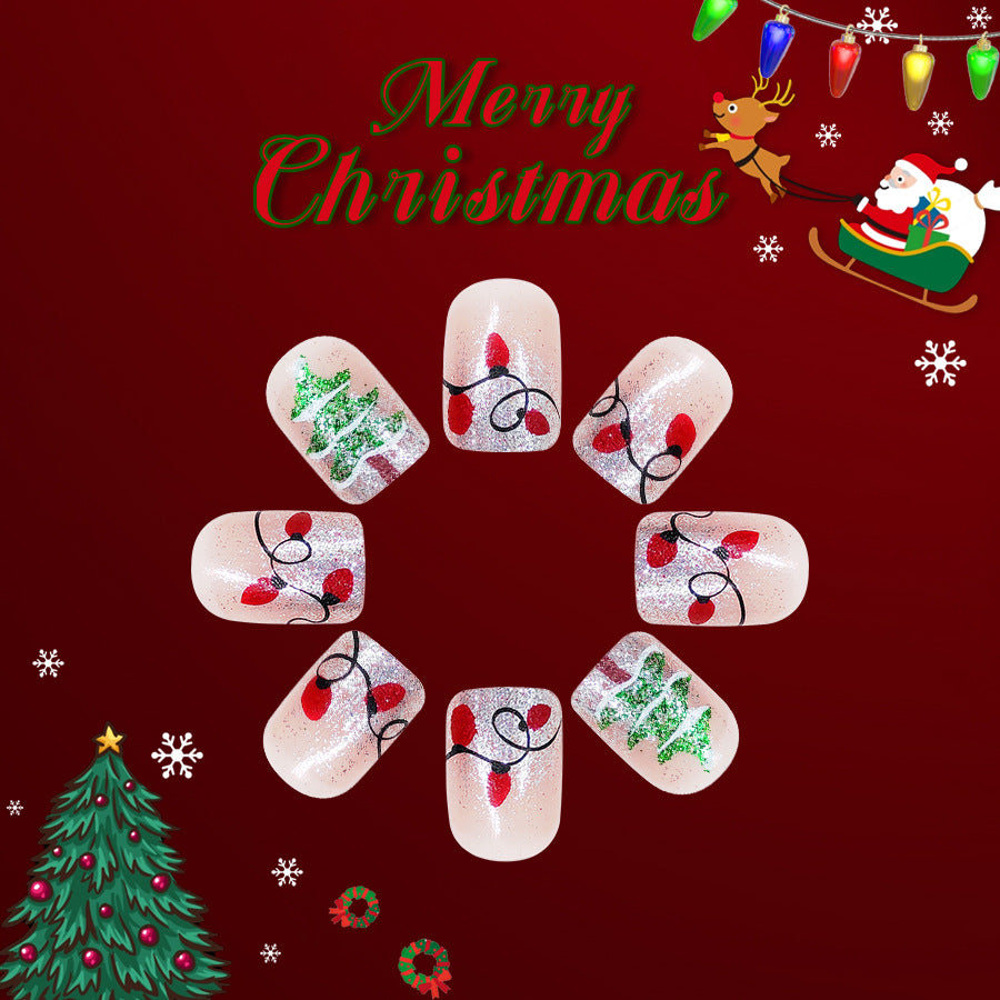 Festive Charm Short Square Clear Glittery Press On Nail Set with Holiday Lights and Christmas Trees