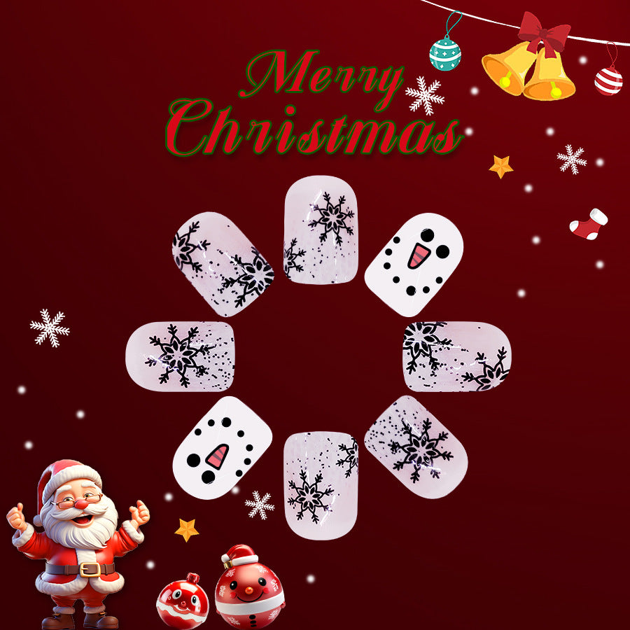 Festive Winter Wonderland Short Square White Press On Nails with Snowflake and Snowman Designs