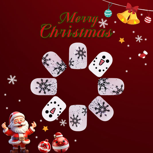 Festive Winter Wonderland Short Square White Press On Nails with Snowflake and Snowman Designs