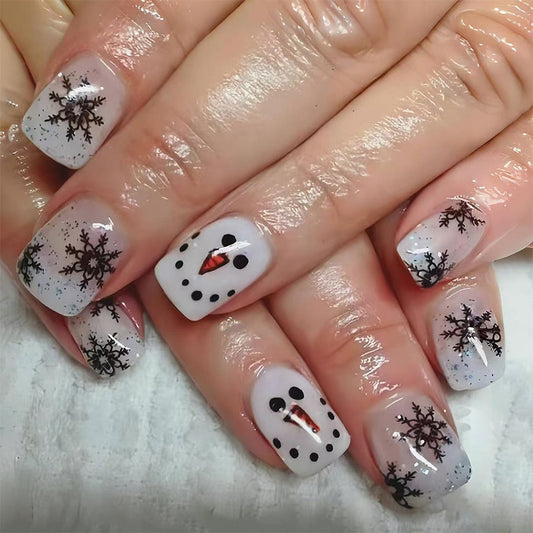 Winter Wonderland Short Square Glossy White and Silver Press On Nail Set with Snowman and Snowflake Design