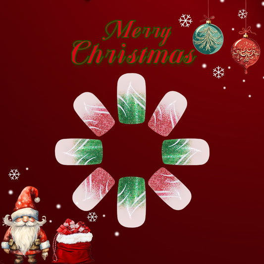 Festive Holiday Glamour Medium Square Red and Green Glitter with Frosted Snowflake Design Press-On Nail Set
