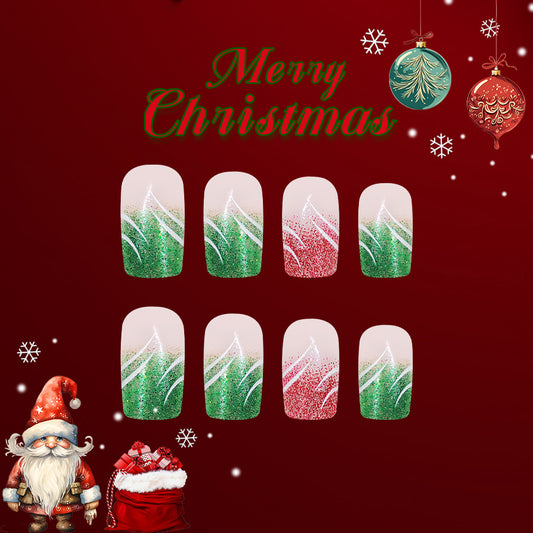 Festive Wonderland Medium Square Green and Red Glitter Ombr√© Press-On Nail Set