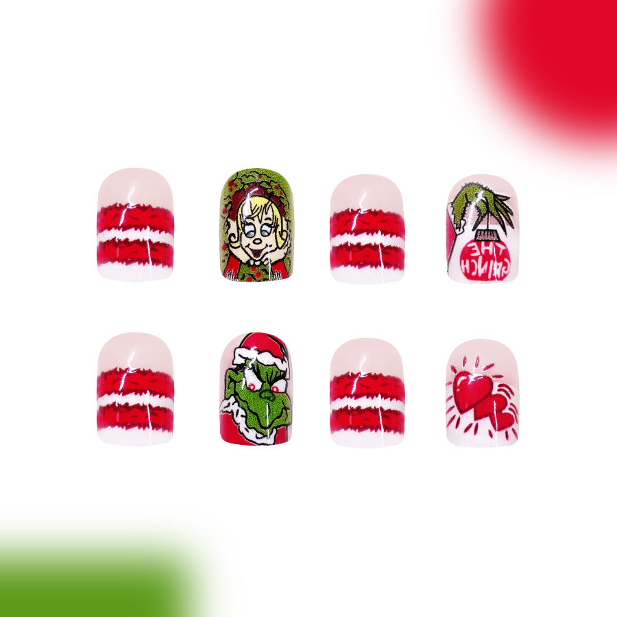 Whimsical Holiday Vibes Short Square Red And White Press On Nail Set With Festive Character Designs