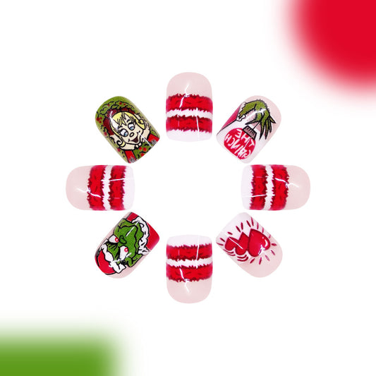 Festive Wonderland Short Square Red And White With Whimsical Holiday Designs Press On Nail Set