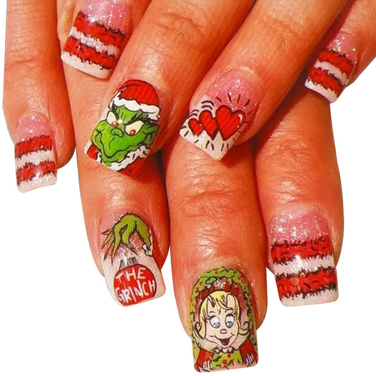 Whimsical Holiday Spirit Short Square Red And Pink Grinch Themed Press On Nail Set With Glittery Accents