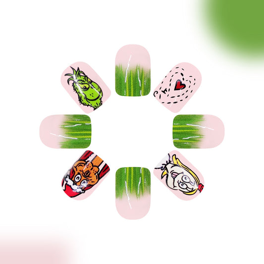 Merry Grinchmas Fun Short Square Green And Pink Character Art Press On Nail Set