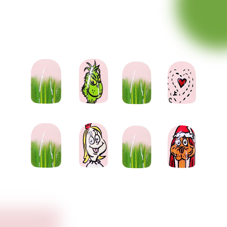 Whimsical Grinchmas Charm Short Square Green And Pink Cartoon Character Press On Nail Set