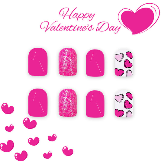 Sweetheart Delight Press-On Nails in Short Square Bright Pink with Sparkling Accents and Heart Pattern