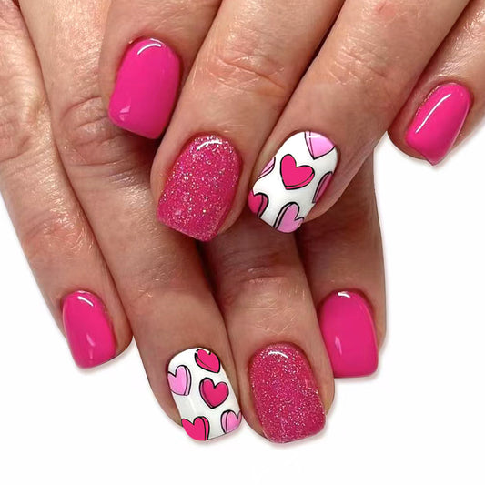 Sweetheart Glamour Short Square Hot Pink Nails with Sparkling Accents and Heart Pattern Design