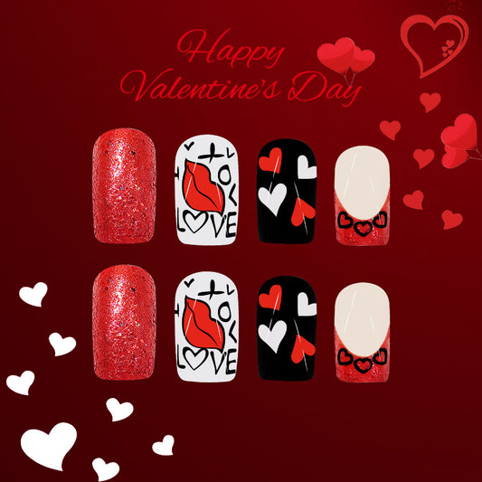 Romantic Bliss Short Square Red Glitter Press on Nail Set with Love and Heart Designs
