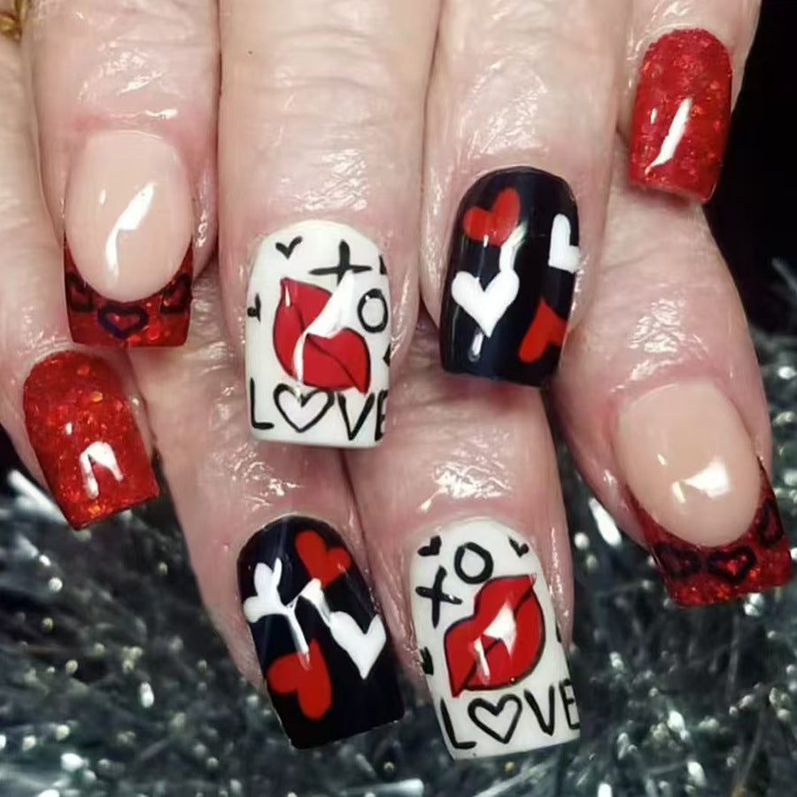 Romantic Heartfelt Short Square Red and Black Nail Set with Whimsical Love Designs