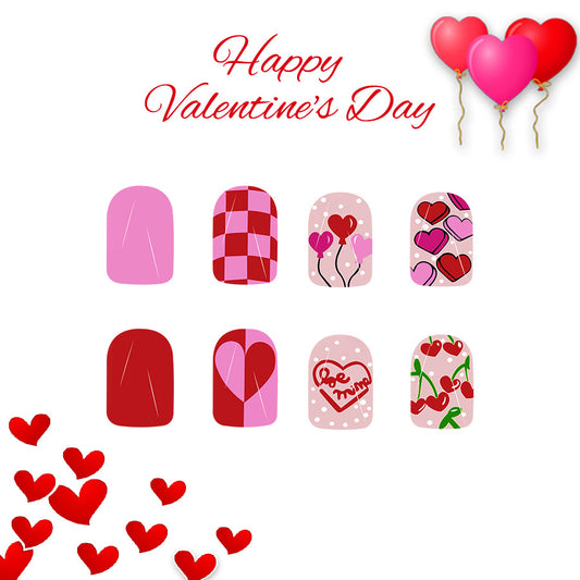 Love Inspired Heart Motif Short Square Shape Pink and Red Press On Nail Set with Unique Romantic Designs
