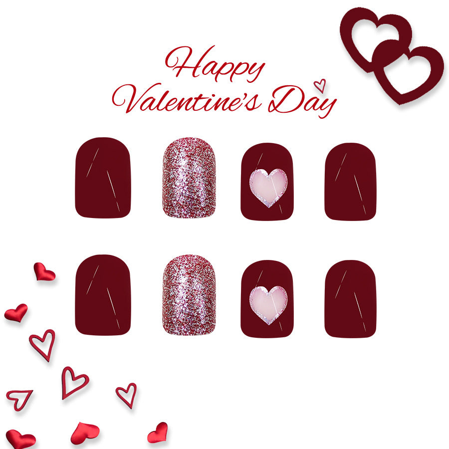 Love Inspired Heart Theme Glossy Short Square Red and Shimmering Pink with Heart Detail Press-On Nail Set