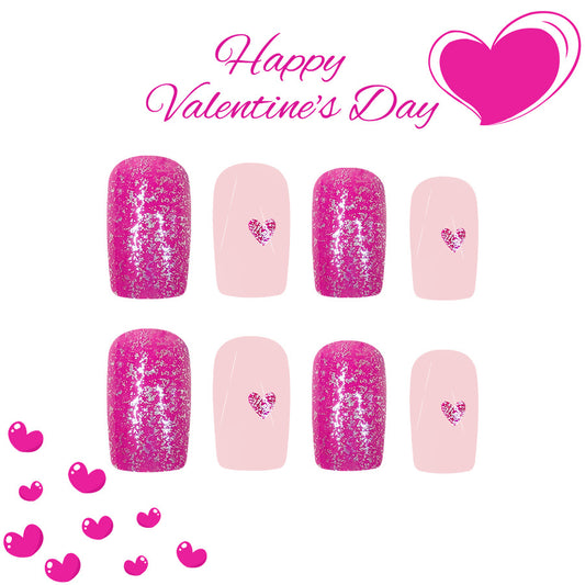 Love Sparkle Press-On Nail Set Short Square Pink Glitter with Heart Detail