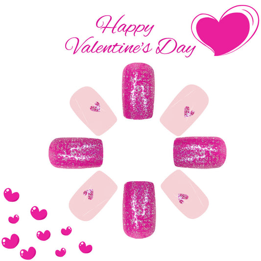 Romantic Pink Ombre Short Square Press on Nail Set Featuring Sparkling Heart Accents