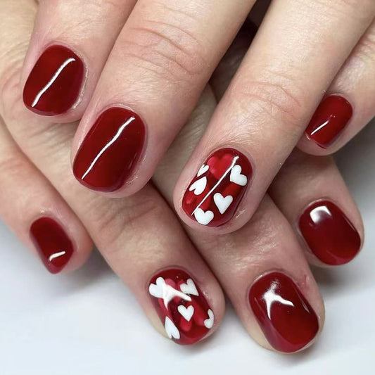 Romantic Heartfelt Short Squoval Red Press On Nail Set with Elegant Heart Design