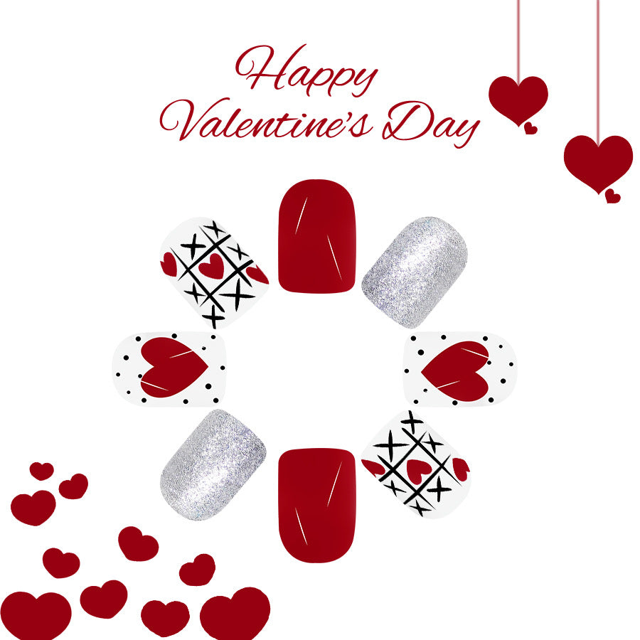 Romantic Vibes Short Square Red and White Love Themed Press On Nail Set with Sparkling Accents