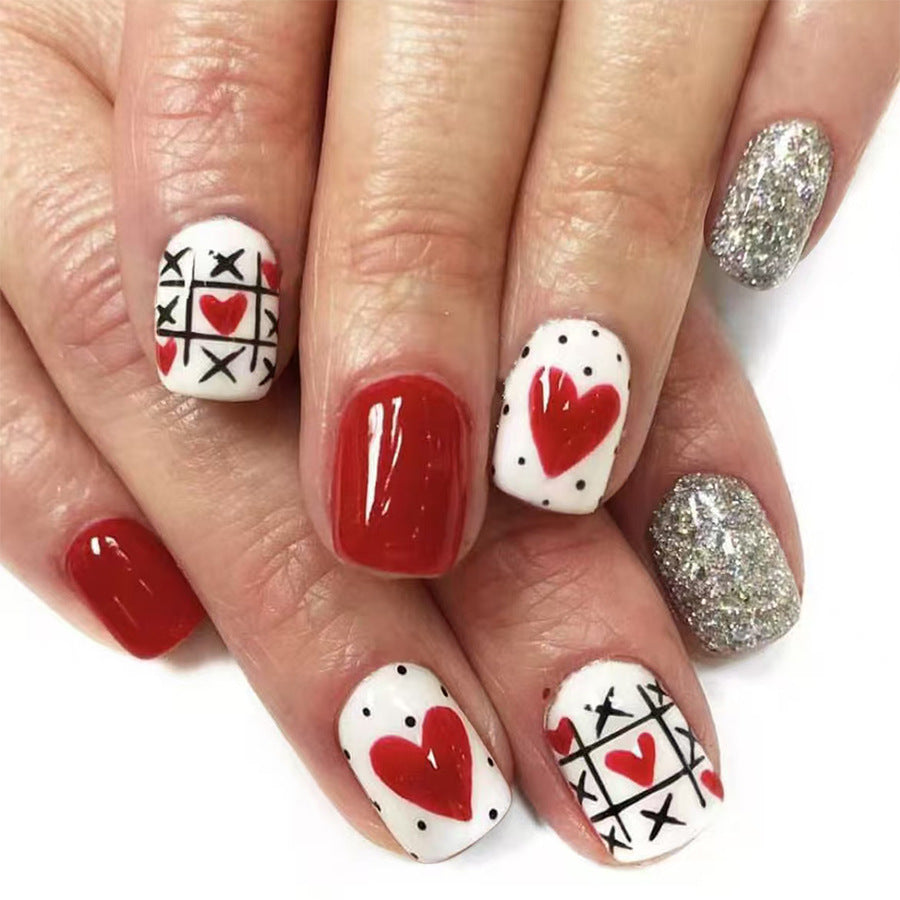 Love Story Chic Short Square Red and White Heart Pattern with Sparkling Accent Press On Nail Set