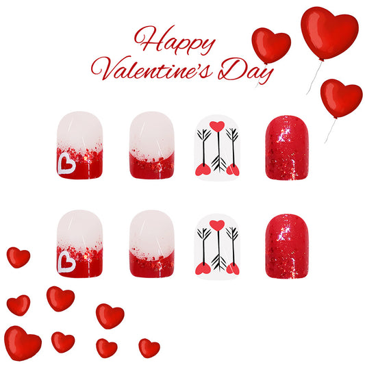 Romantic Valentine Nail Set Short Square Bright Red with Heart and Arrow Designs