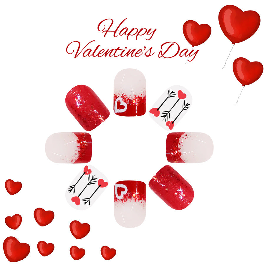 Romantic Love Theme Short Square Red Gradient Press on Nail Set with Heart and Arrow Designs