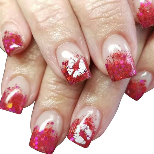 Romantic Red Short Square Press On Nail Set with Glittery Ombre and Kiss Print Design