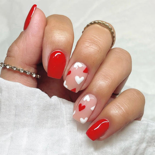 Love Story Red Short Square Press On Nail Set with Heart Patterns and Glossy Finish