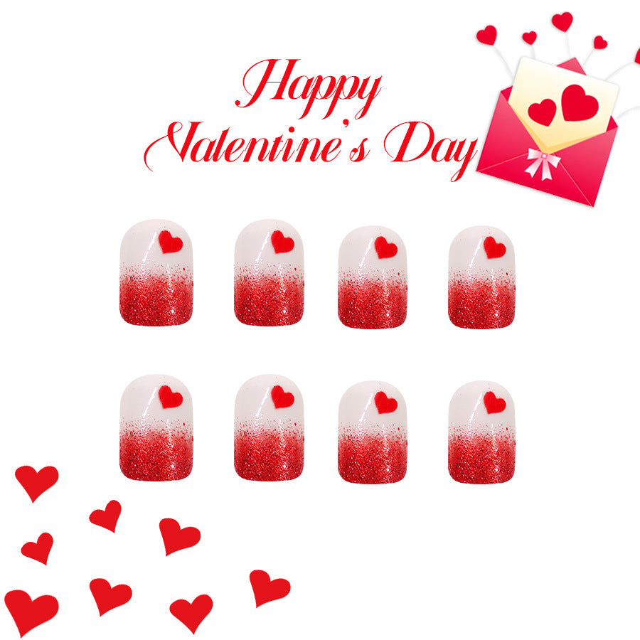 Love Inspired Heart Gradient Glossy Press-On Nail Set in Short Square Red and White with Glittering Heart Design