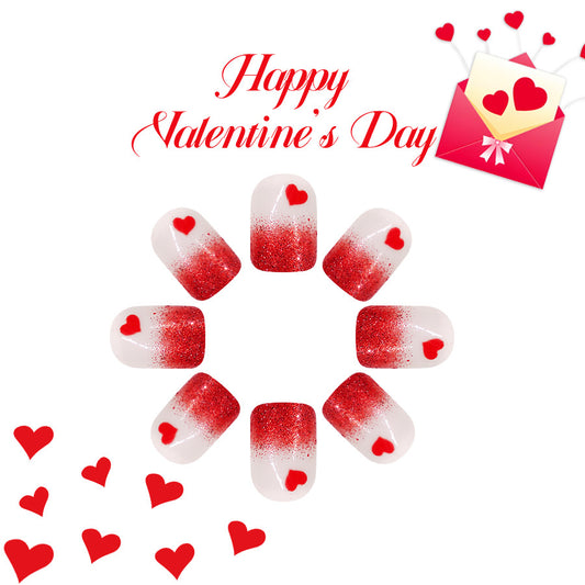Charming Romance Press On Nails Short Square Red and White Ombre with Heart Design