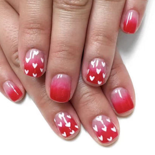 Love-Inspired Short Square Gradient Red Press-On Nail Set with Charming Heart Design