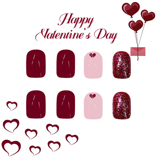 Romantic Elegance Short Square Burgundy and Pink Nails with Heart Accents and Glitter Finish