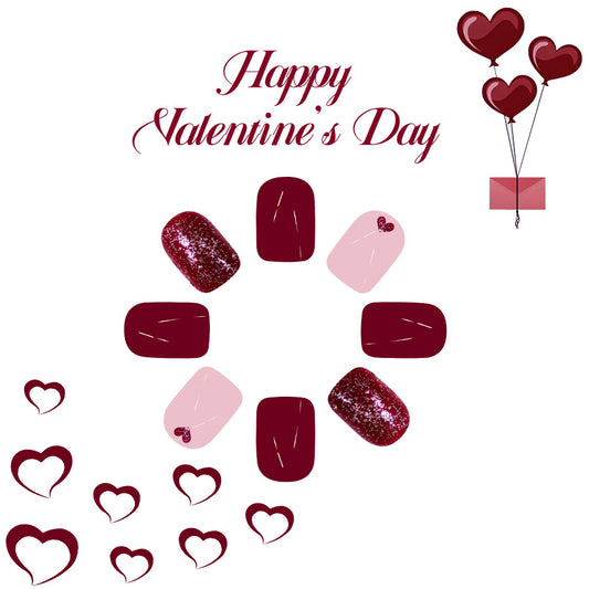 Love Inspired Short Square Romantic Burgundy and Pink Nail Press Set with Heart Accents
