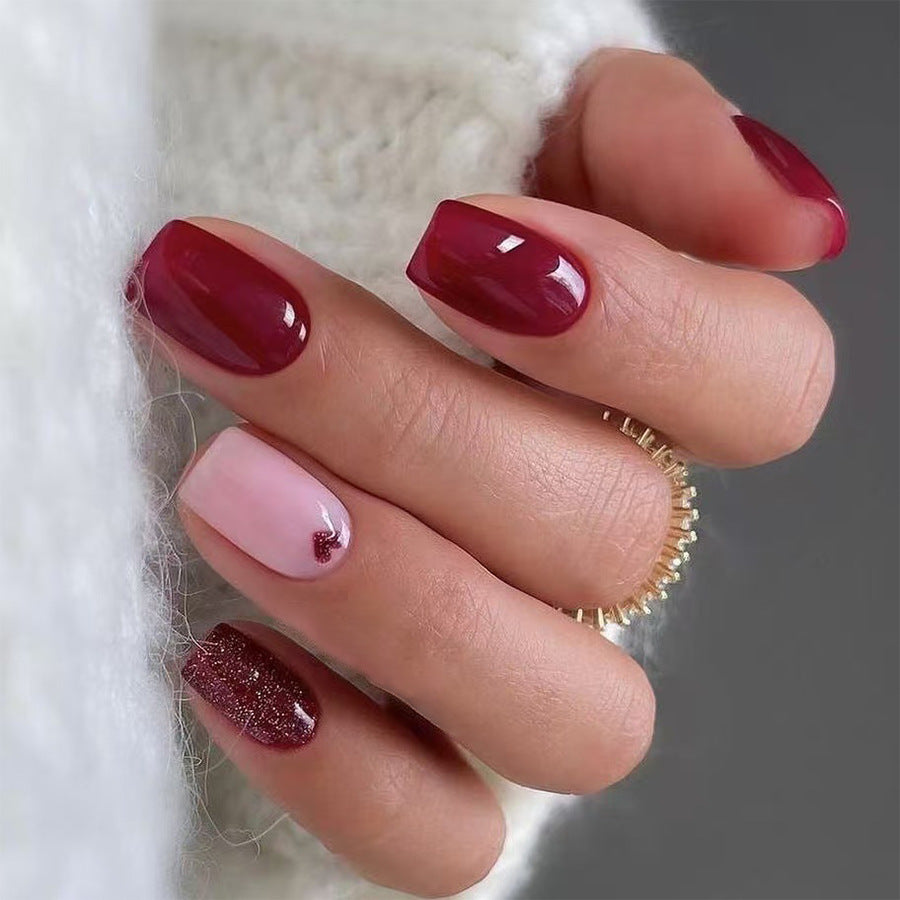 Chic Elegance Short Square Deep Red and Soft Pink Press On Nail Set with Sparkling Glitter Accent