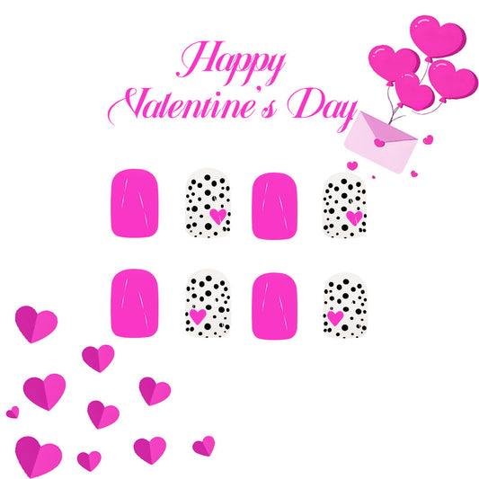 Love-Inspired Short Square Bright Pink and White Speckled Press On Nail Set with Heart Design