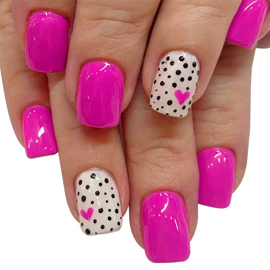 Chic Love Theme Square Short Pink with Polka Dot Accent and Heart Detail Press on Nail Set