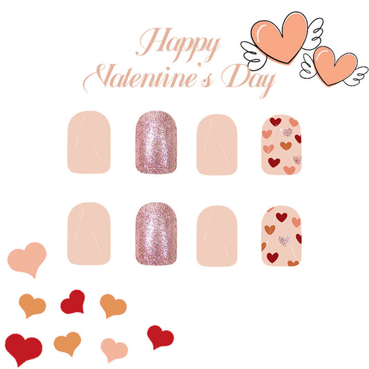 Romantic Glow Press On Nail Set in Short Square Beige Pink with Shimmering Glitter and Sweet Heart Patterns