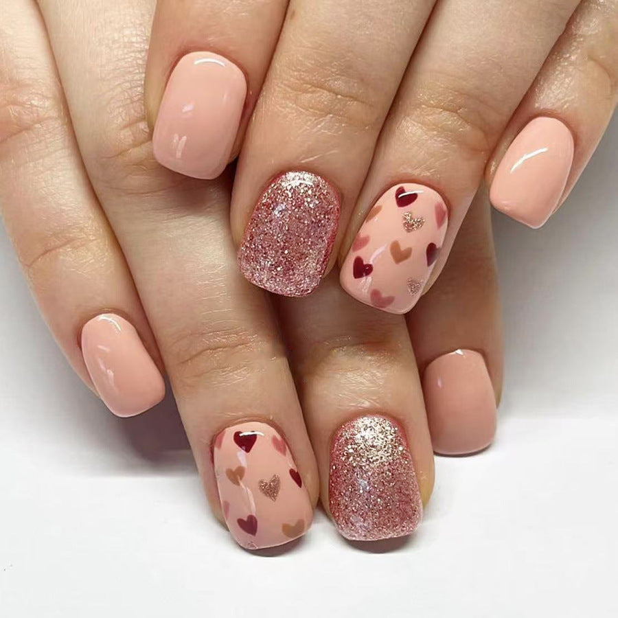 Romantic Charm Short Square Blush Pink with Glitter and Heart Patterns Press On Nail Set