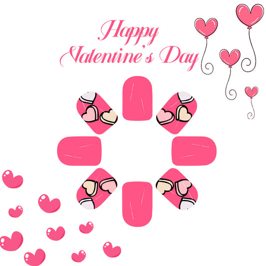 Romantic Love Themed Short Square Pink Nail Set with Charming Heart Designs