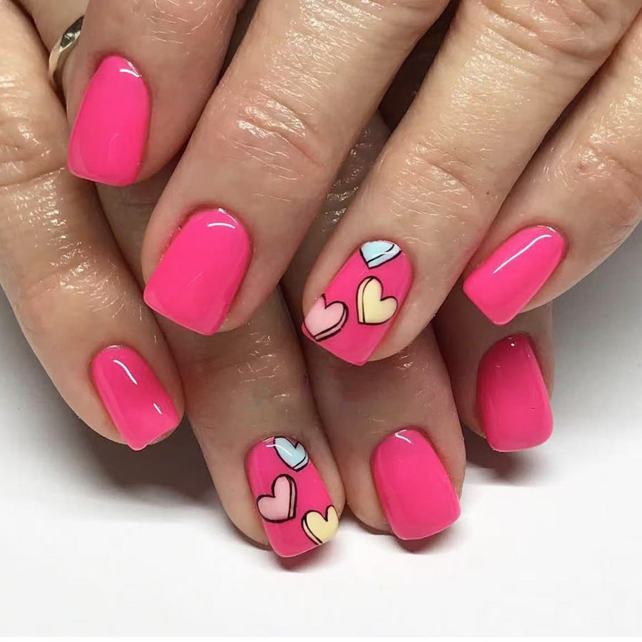 Love Struck Elegant Short Square Hot Pink Nail Set with Charming Heart Patterns