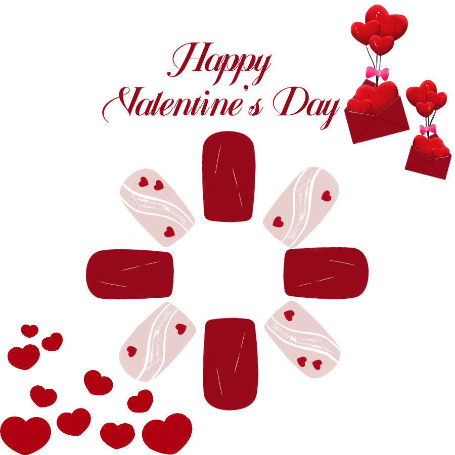 Romantic Valentine's Day Short Square Red and White Heart Decorated Press On Nail Set